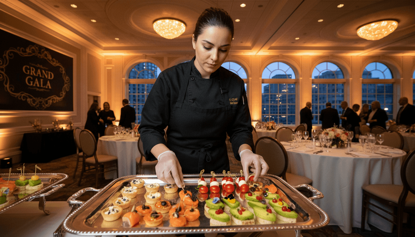 Professional caterer arranging appetizers on a platter at an event venue