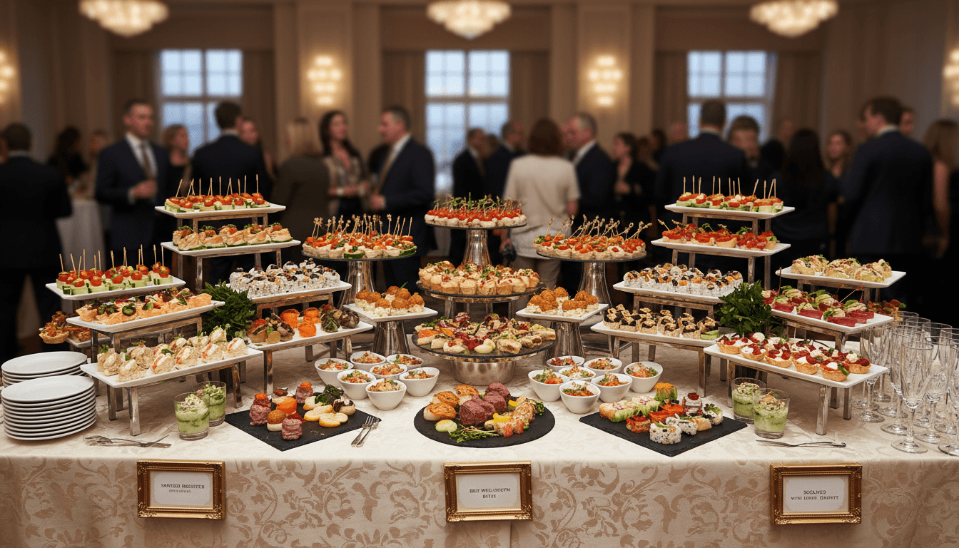 Elegant catering buffet table with gourmet appetizers at an upscale event venue