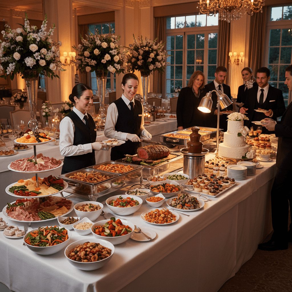 Elegant buffet spread with caterers serving guests at a wedding reception