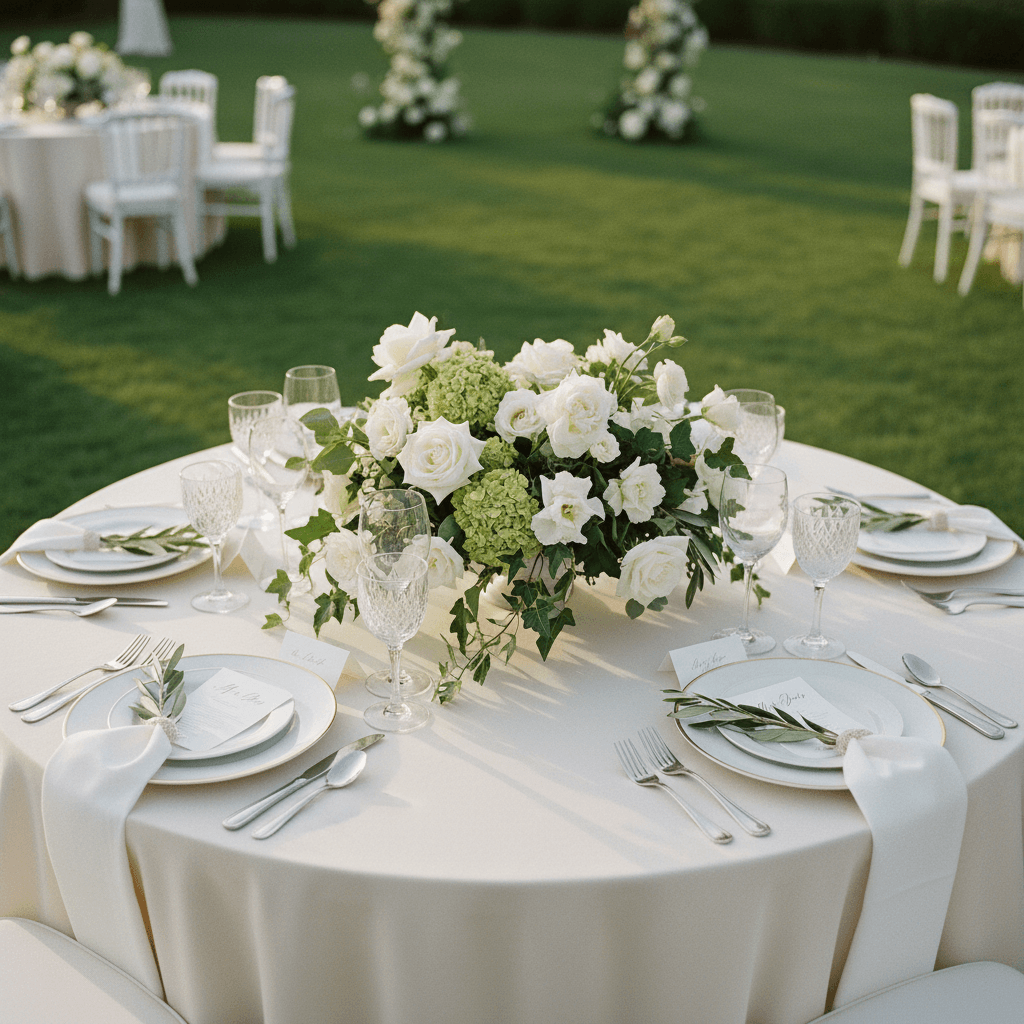 Elegant wedding reception table with white floral centerpieces and place settings