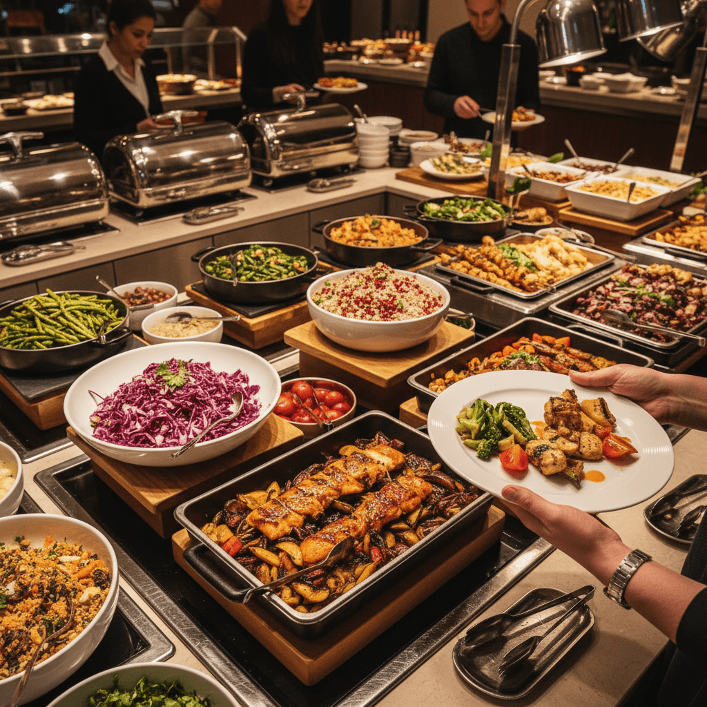 Buffet station with chafing dishes and serving staff