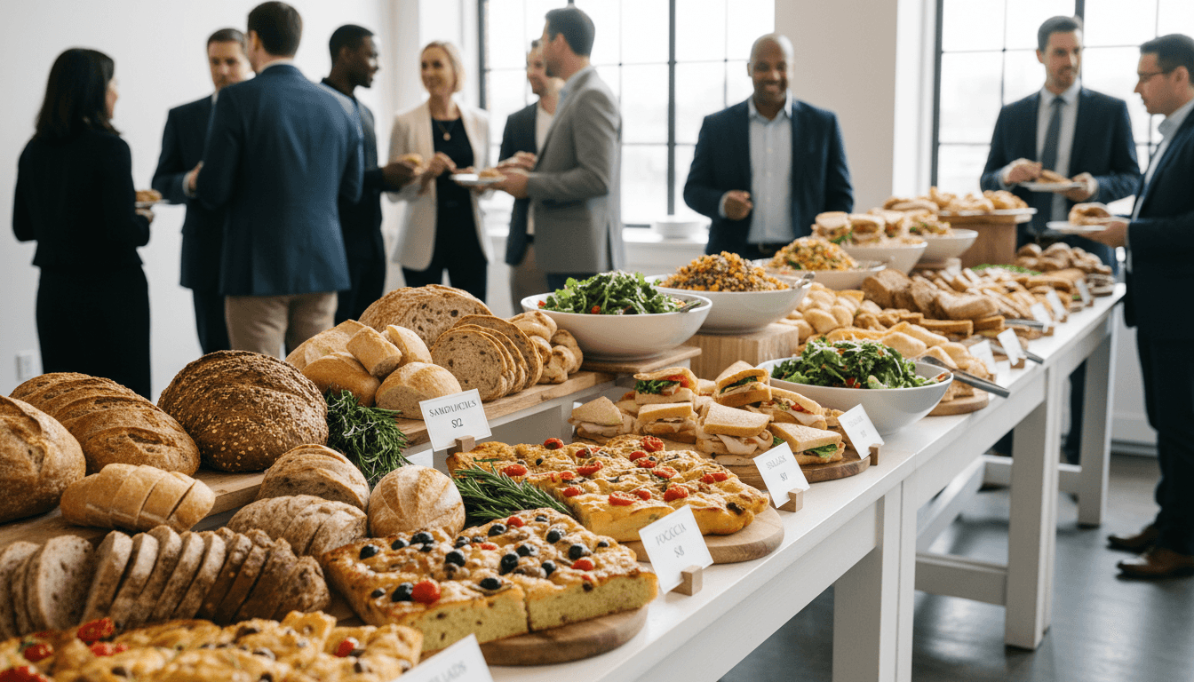 Buffet spread with chafing dishes and labeled food options at an event