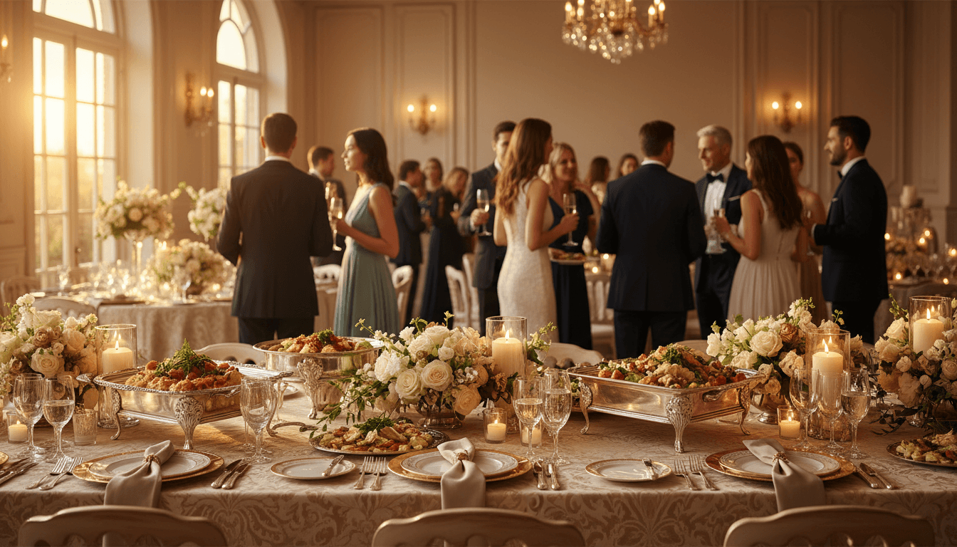 Elegant catering table setup with appetizers and decorations at a wedding reception
