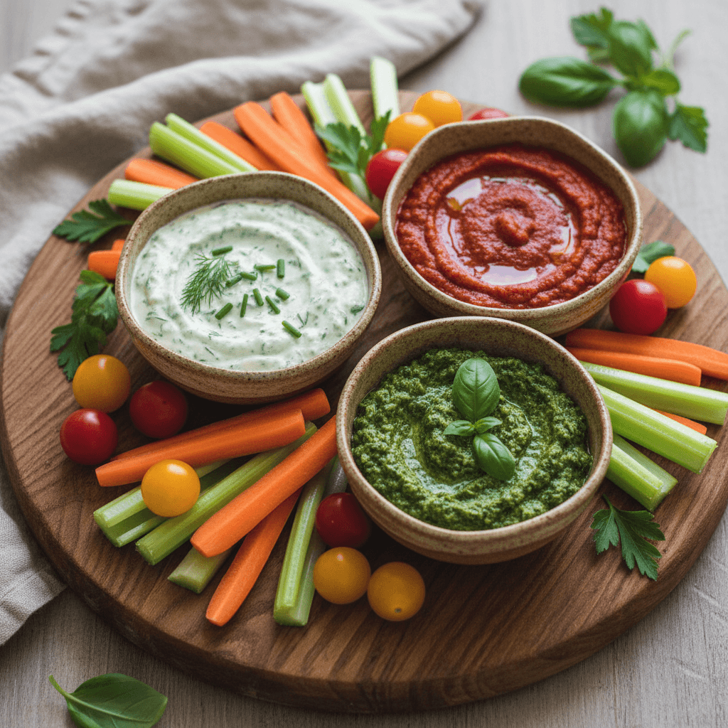 Platter of assorted appetizers with fresh herbs and dipping sauce on a table