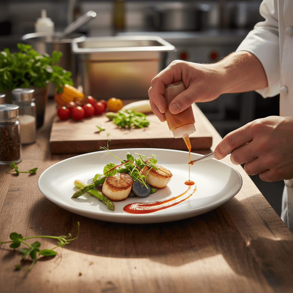 Chef plating a dish in a professional kitchen