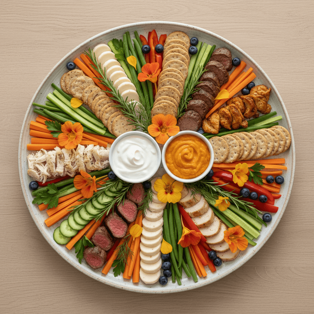 Caterer arranging an appetizer platter at a backyard party
