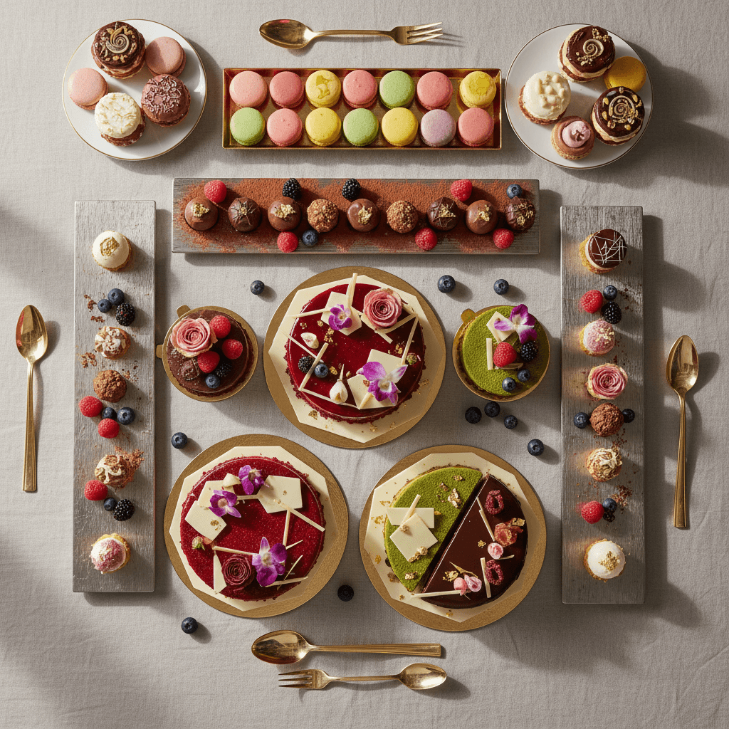 Chef arranging dessert table with pastries and cakes in modern venue