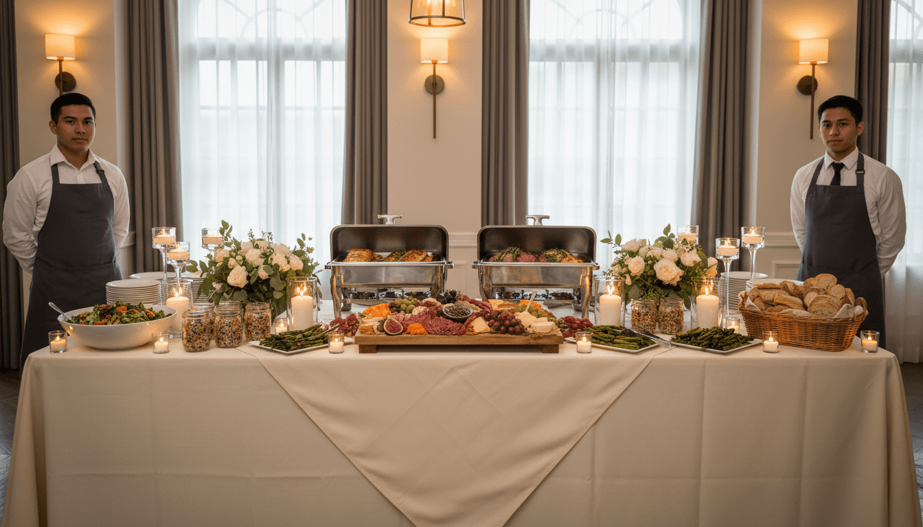Elegant buffet spread with appetizers at a wedding reception