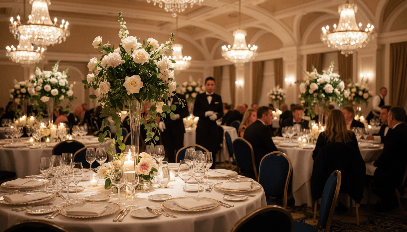 Wedding buffet setup with white flowers and candle centerpieces
