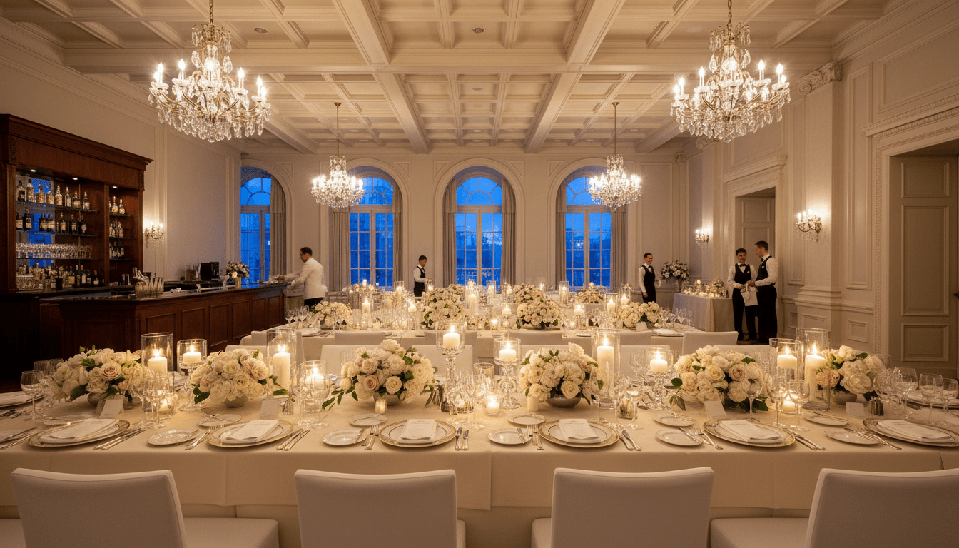 Catering staff arranging dishes at a banquet venue