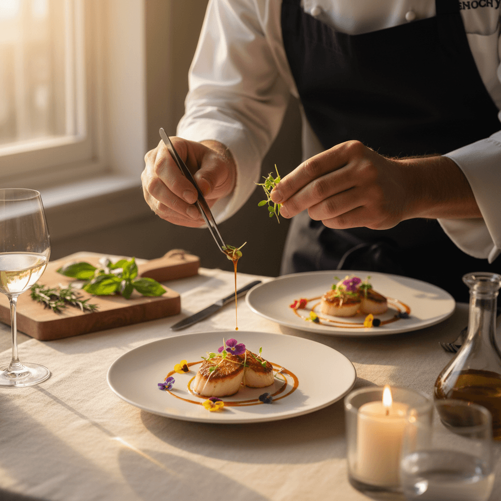 Chef garnishing a plated appetizer in a professional kitchen