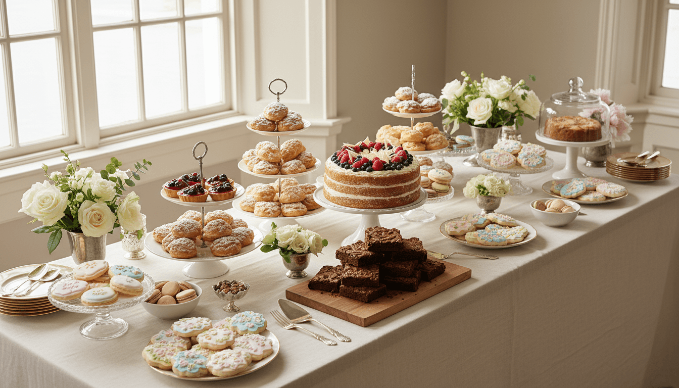 Dessert table with pastries and cake at a celebration