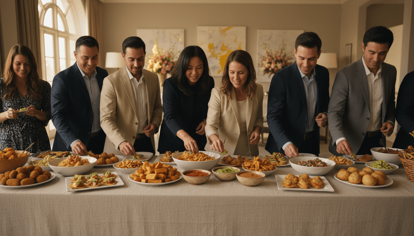 Catering staff serving appetizers to guests at professional event