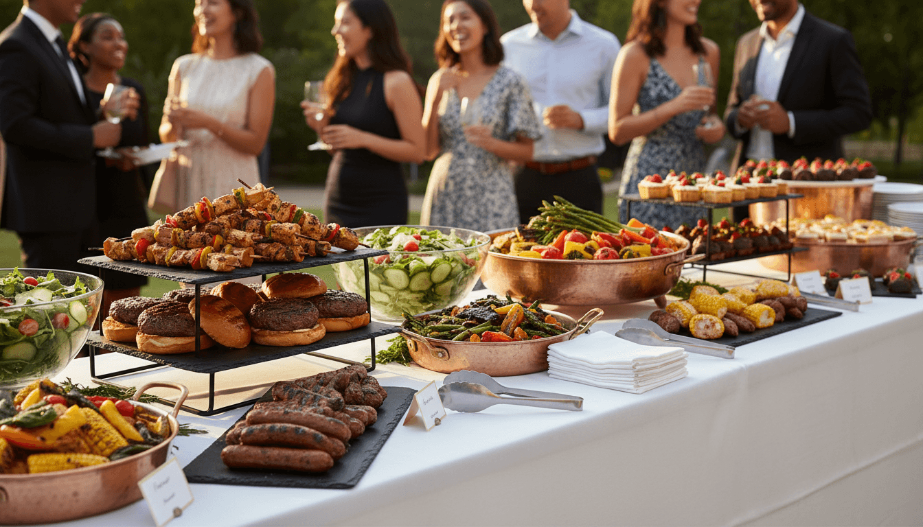 Catering buffet table with assorted appetizers at an upscale event